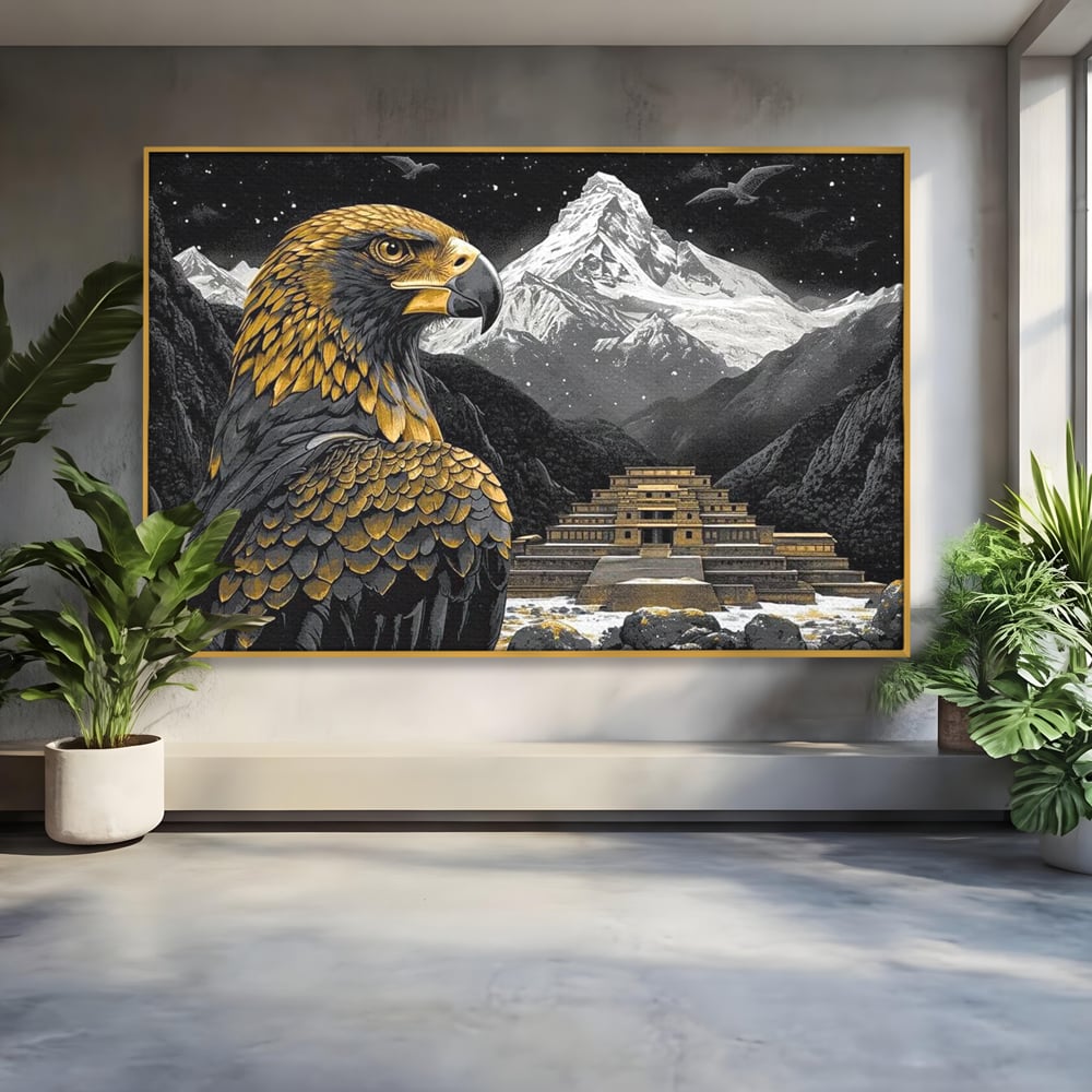 Tablou canvas cu tablou canvas cu vultur si templu aztec, in rama de aluminiu auriu